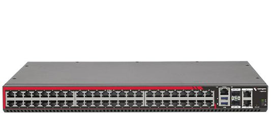 Black and red opengear cm8148-10g-usb-lsp console manager with 48 ports usb-c and sleek metallic finish back view