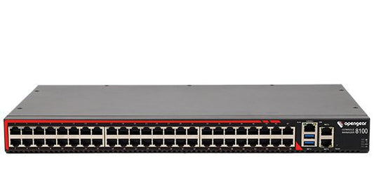 Black opengear b100 network switch with red-accented ports and industrial design in openggear cm8148-ddc- lsp console manager