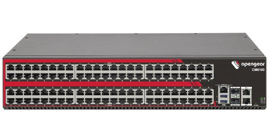 Black and red opengear cm5100 network switch with dense ethernet ports on front panel for console management use