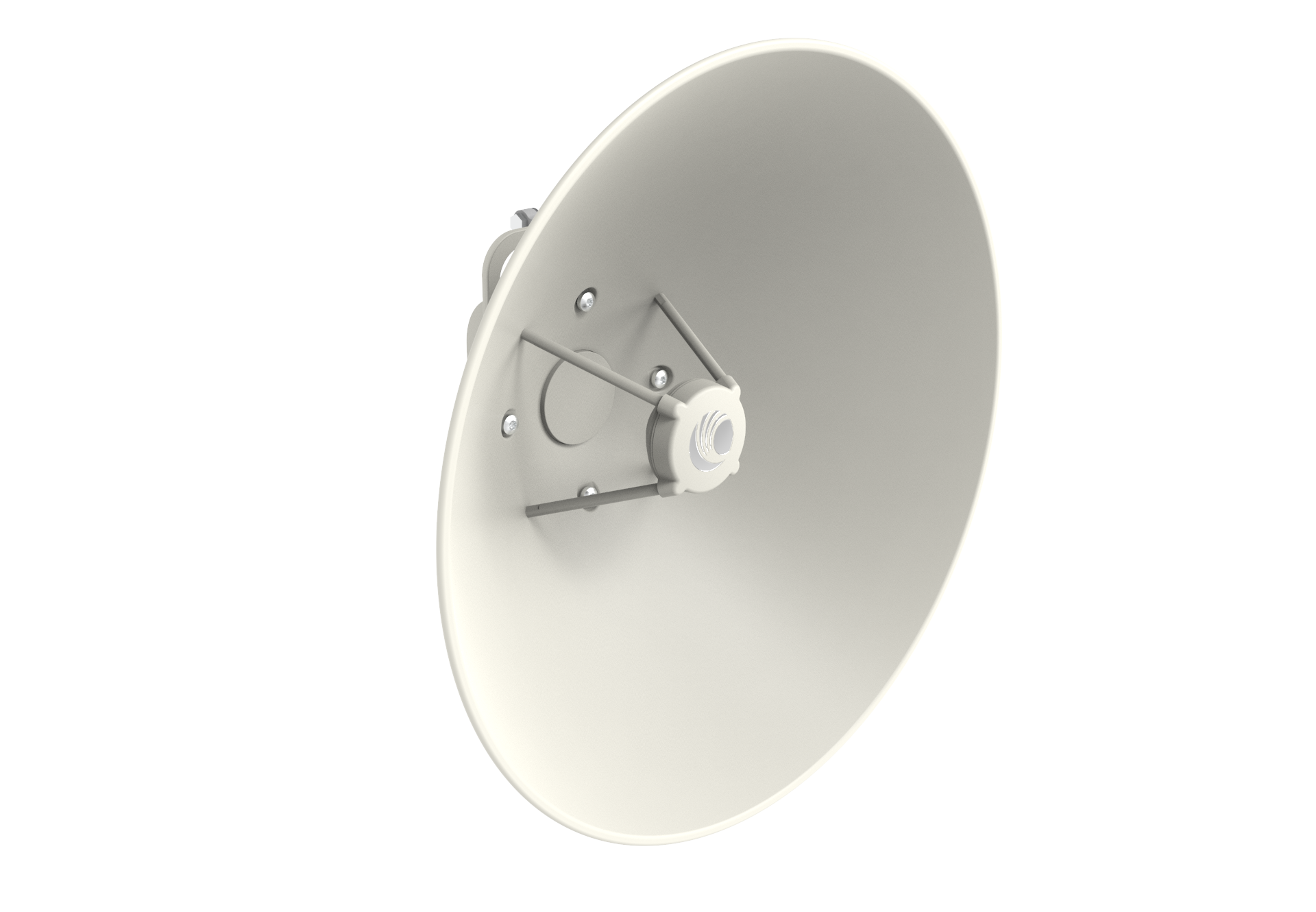 Cambium cnWave C100 28 GHz white circular satellite dish with feed horn