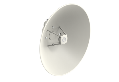 Cambium cnWave C100 28 GHz white circular satellite dish with feed horn