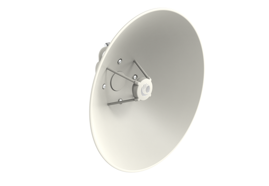 Cambium cnWave C100 28 GHz white circular satellite dish with feed horn