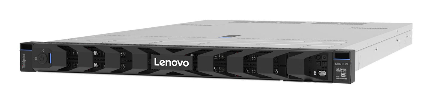 Lenovo ThinkSystem SR630 V4 1U rack server with sleek black silver chassis multiple drive bays and front ventilation grilles