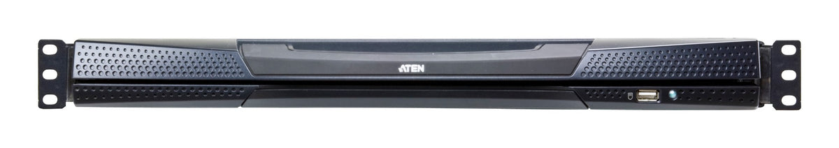 Black ATEN KL1508Ai 8-port rack-mountable KVM over IP switch with perforated front panel and USB ports in 1U rack size