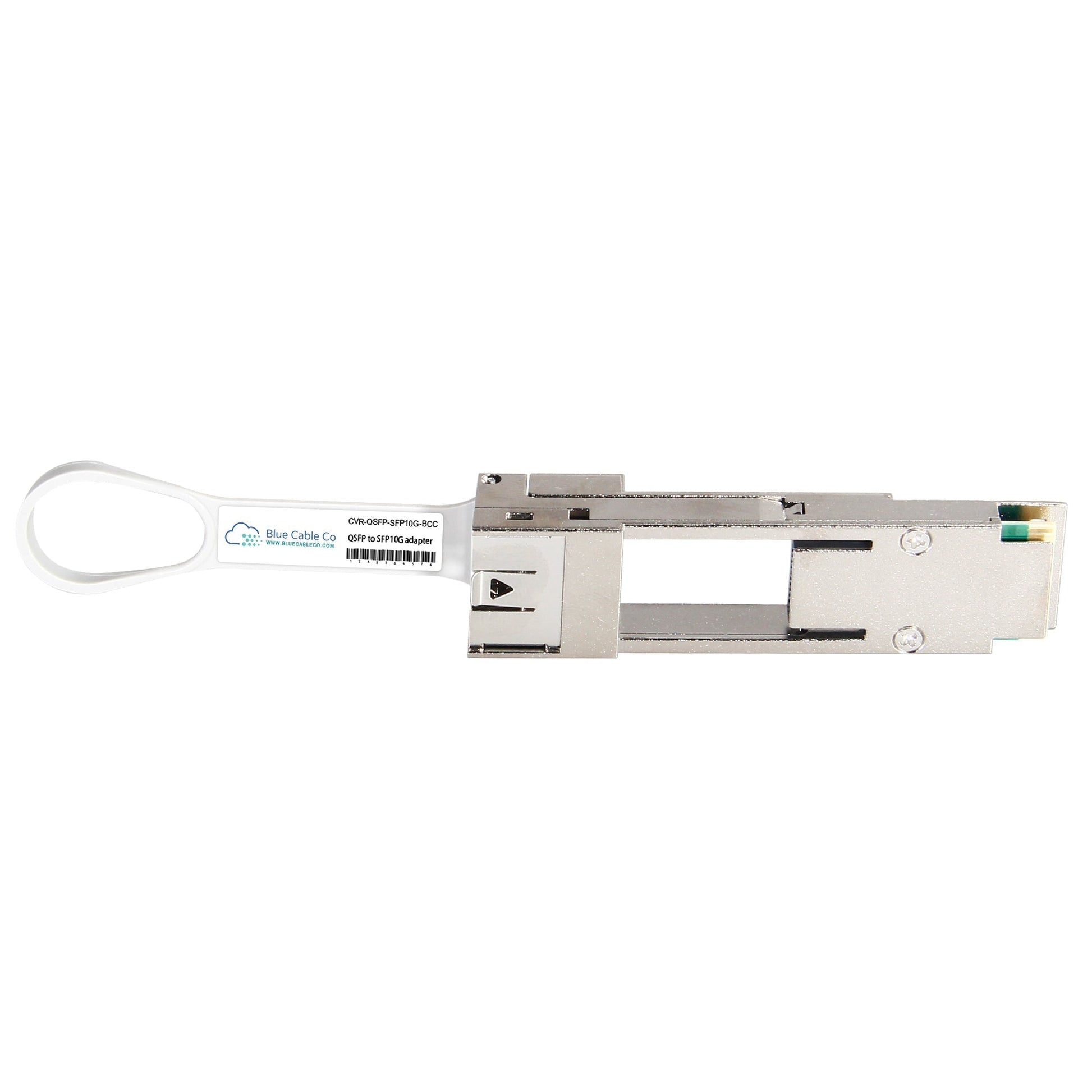 Silver metallic NVIDIA Mellanox compatible 40GB QSFP+ to SFP+ adapter with white loop handle and printed label