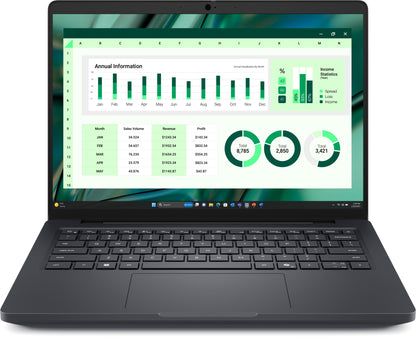 Dell Pro Max 14 workstation laptop with green financial dashboard on 14-inch touch screen