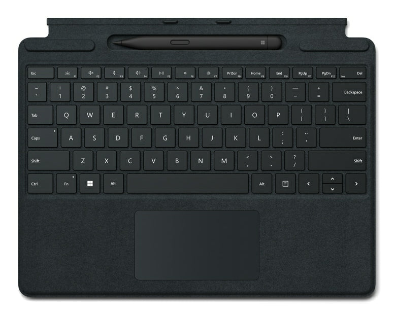 Black microsoft surface pro signature keyboard cover with backlit keys integrated touchpad and stylus slot