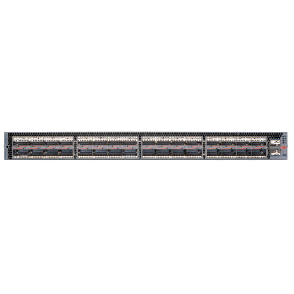 Arista DCS-7060PX5-64E-F rear view with gray server rack and NIC slots