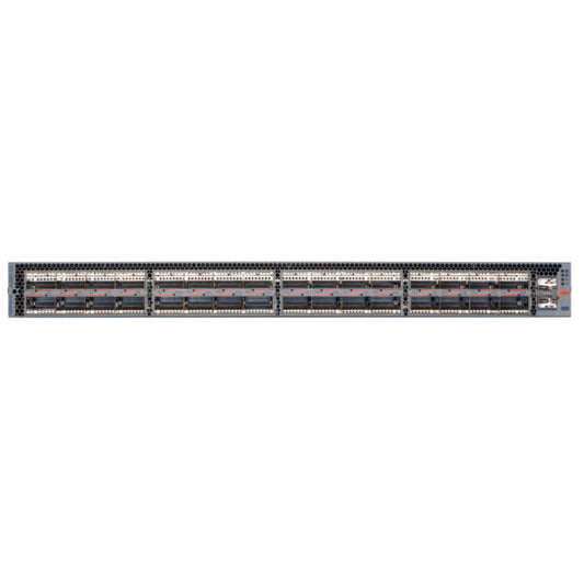 Arista DCS-7060PX5-64E-F rear view with gray server rack and NIC slots