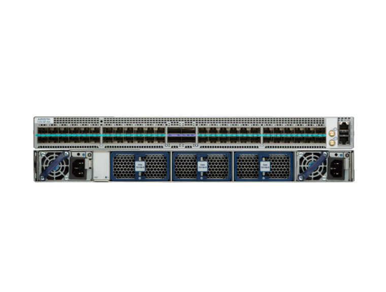 Silver and blue arista dcs-7135v-48y-4qc-f enterprise network switch with 48 25g ports and 4x 100g on back side