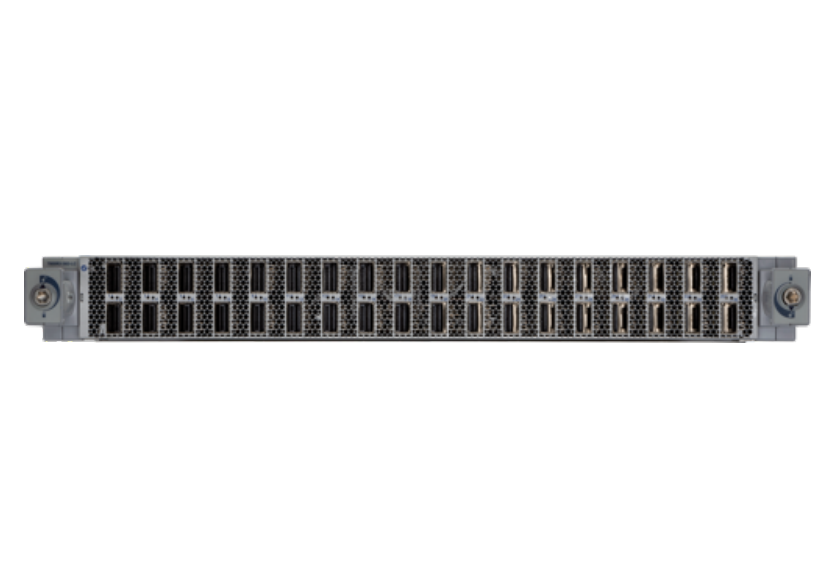 Gray metal server rack showing the back side with black ventilation slots for arista dcs 7800r3a 36-port line card