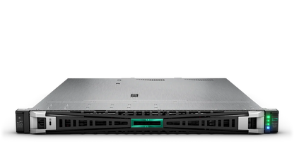 HPE ProLiant DL380 Gen10 server rack with green LEDs and black vents