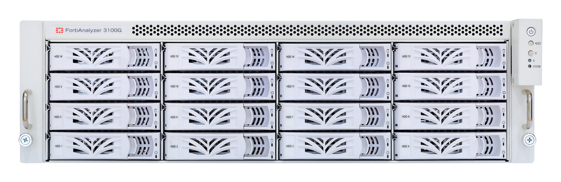 Fortinet FAZ-3100G FortiAnalyzer-3100G server rack with perforated front panel and 64TB drive bays