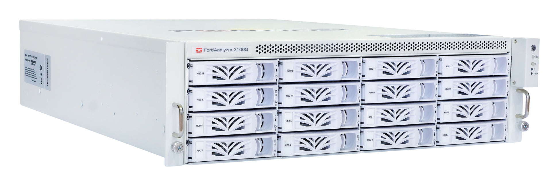 Fortinet FortiAnalyzer-3100G white rack server with perforated panel and drive bays