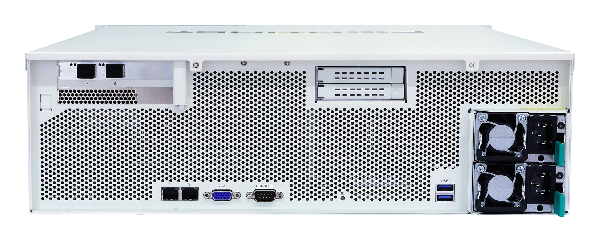 Rear view of Fortinet FortiAnalyzer-3100G FAZ-3100G server rack with ports and fans