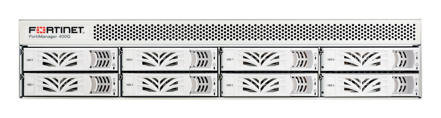 White Fortinet FortiManager 400G appliance with perforated top and ventilation grilles