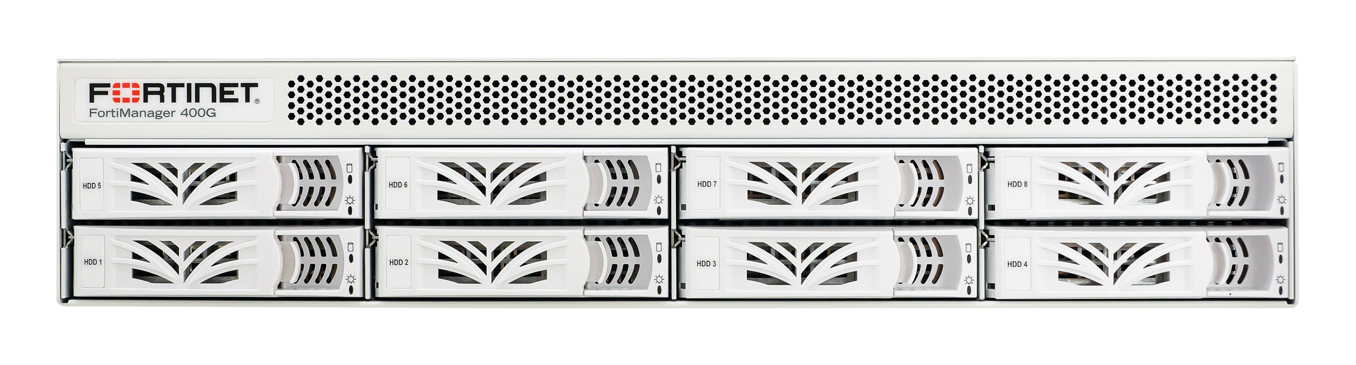 White Fortinet FortiManager 400G appliance with perforated top and ventilation grilles