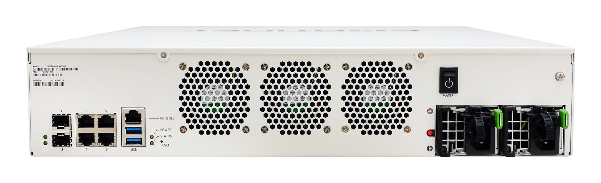 Back of Fortinet FMG-400G server rack with perforated panels and network ports