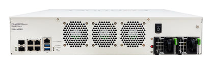 Back of Fortinet FMG-400G server rack with perforated panels and network ports