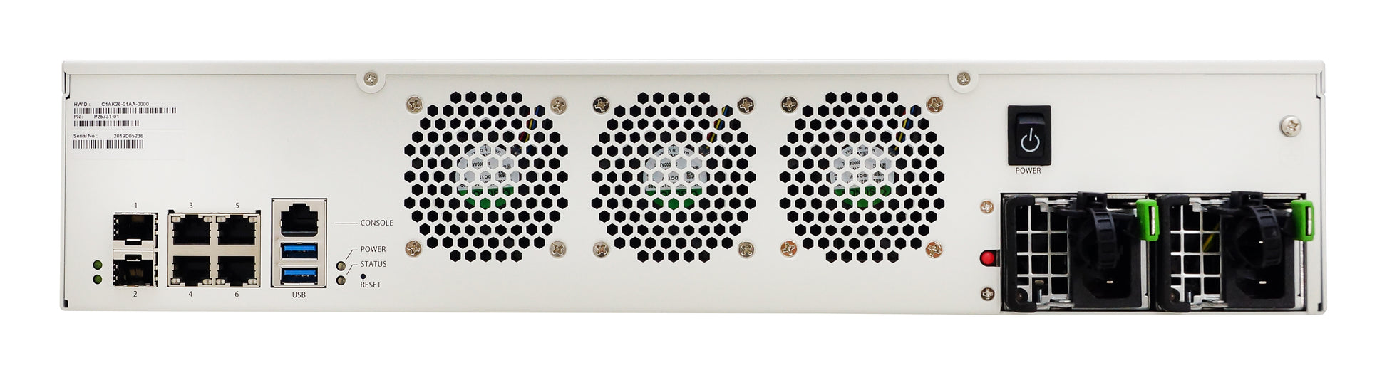 Fortinet FMG-400G rear with white rack, black grilles, USB ports, power