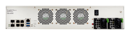 Fortinet FMG-400G rear with white rack, black grilles, USB ports, power