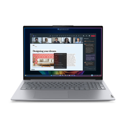Silver lenovo thinkbook 16 g9 copilot plus laptop with sleek minimalist design and full-sized keyboard