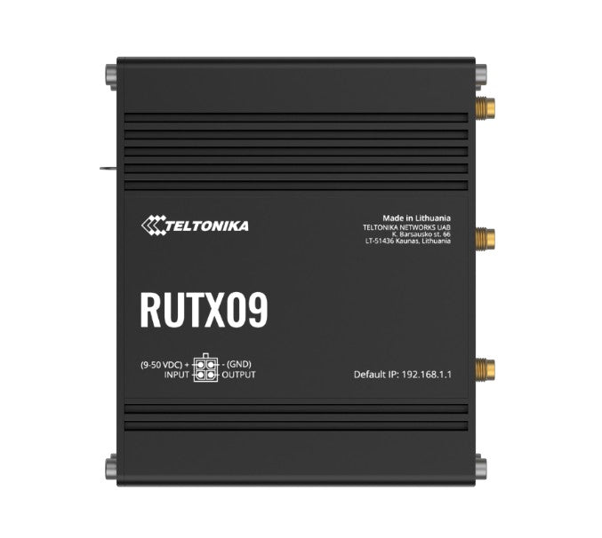 Black Teltonika RUTX09 industrial 4G LTE Cat 6 router with gold connectors and white labeling shown from the back side