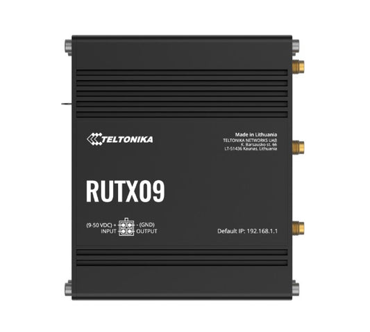 Black Teltonika RUTX09 industrial 4G LTE Cat 6 router with gold connectors and white labeling shown from the back side