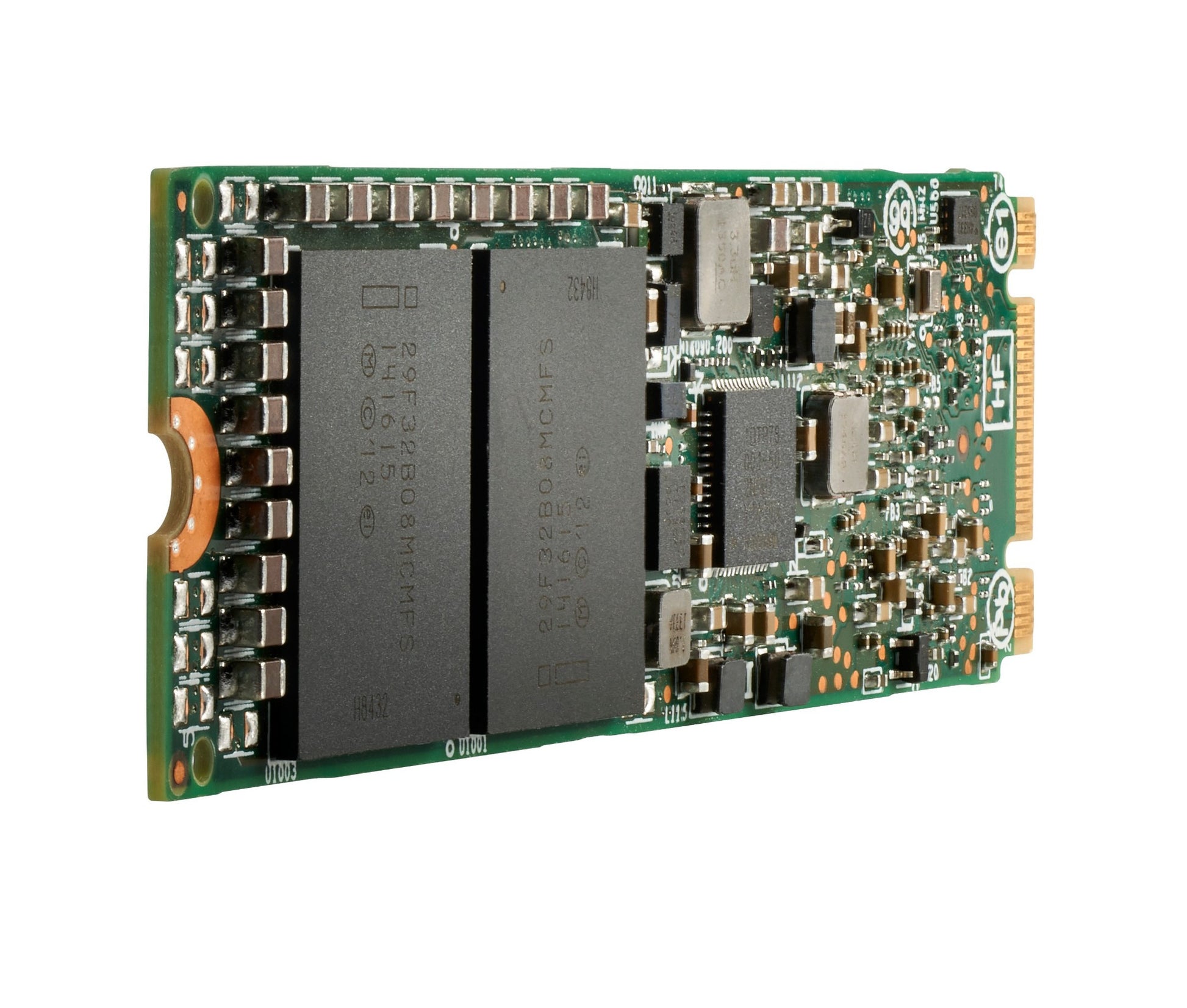Green circuit board solid-state drive with black memory chips and gold connectors hpe p80321-b21 pe9010 960gb nvme gen4 m2 2280 ssd
