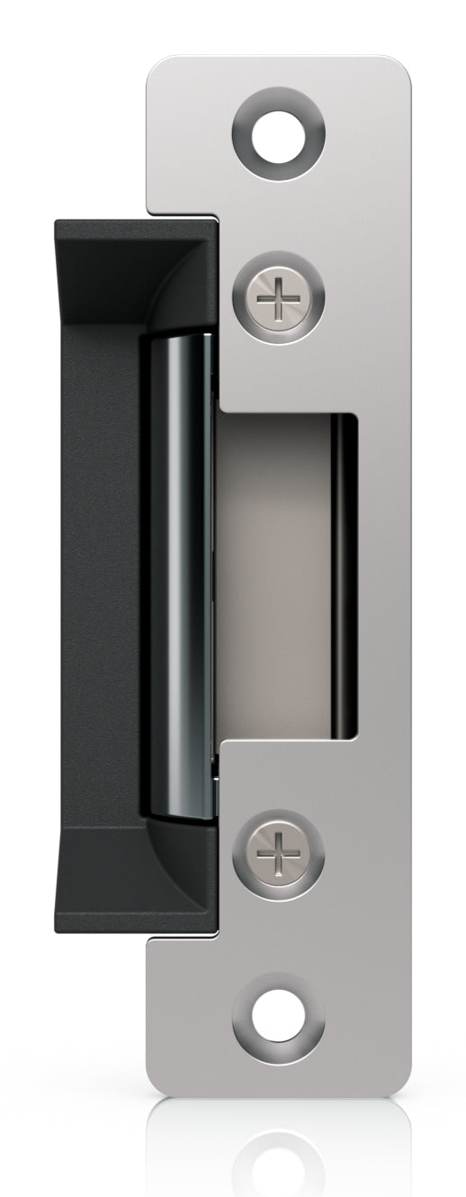 Silver metallic electric strike lock with black plastic handle and three screws for unifi access fail-safe use