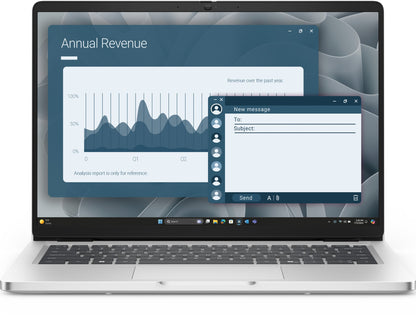 Dell Pro 14 PC14255 laptop showing revenue dashboard and email on screen