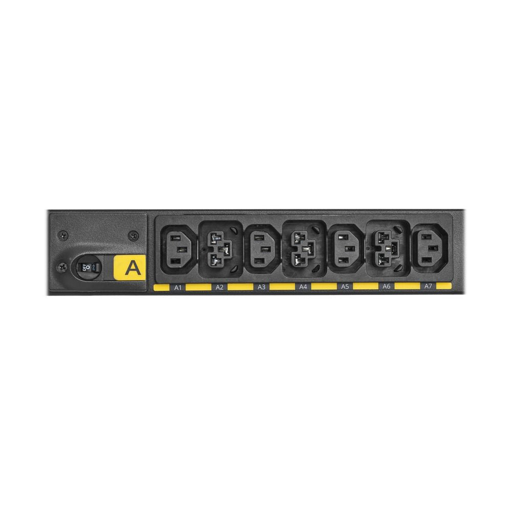 Eaton EVMIGU23X-E PDU back with 7 C13 outlets and yellow A label