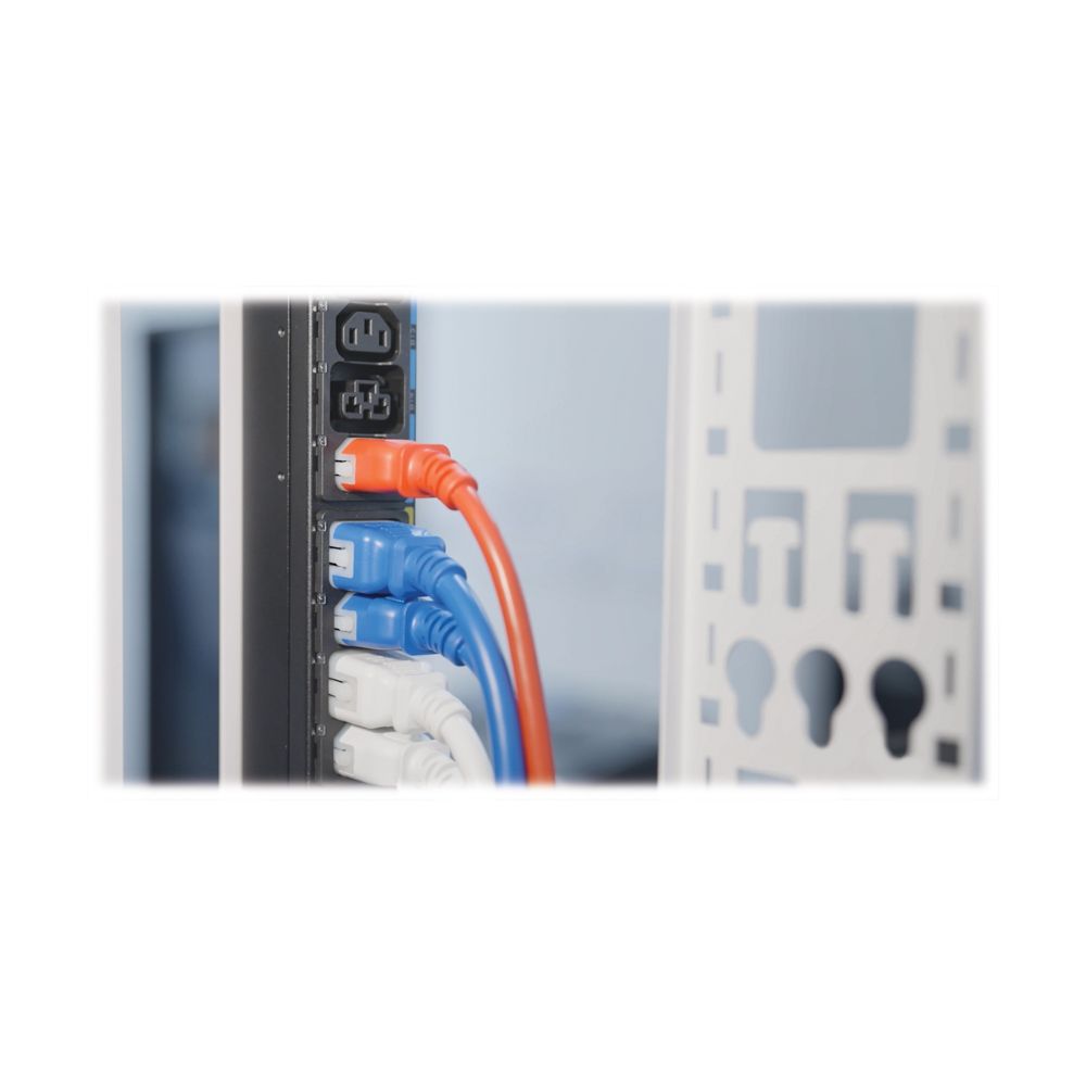 Eaton EVMAGU23X-E PDU back with orange blue white cords in AU outlet panel