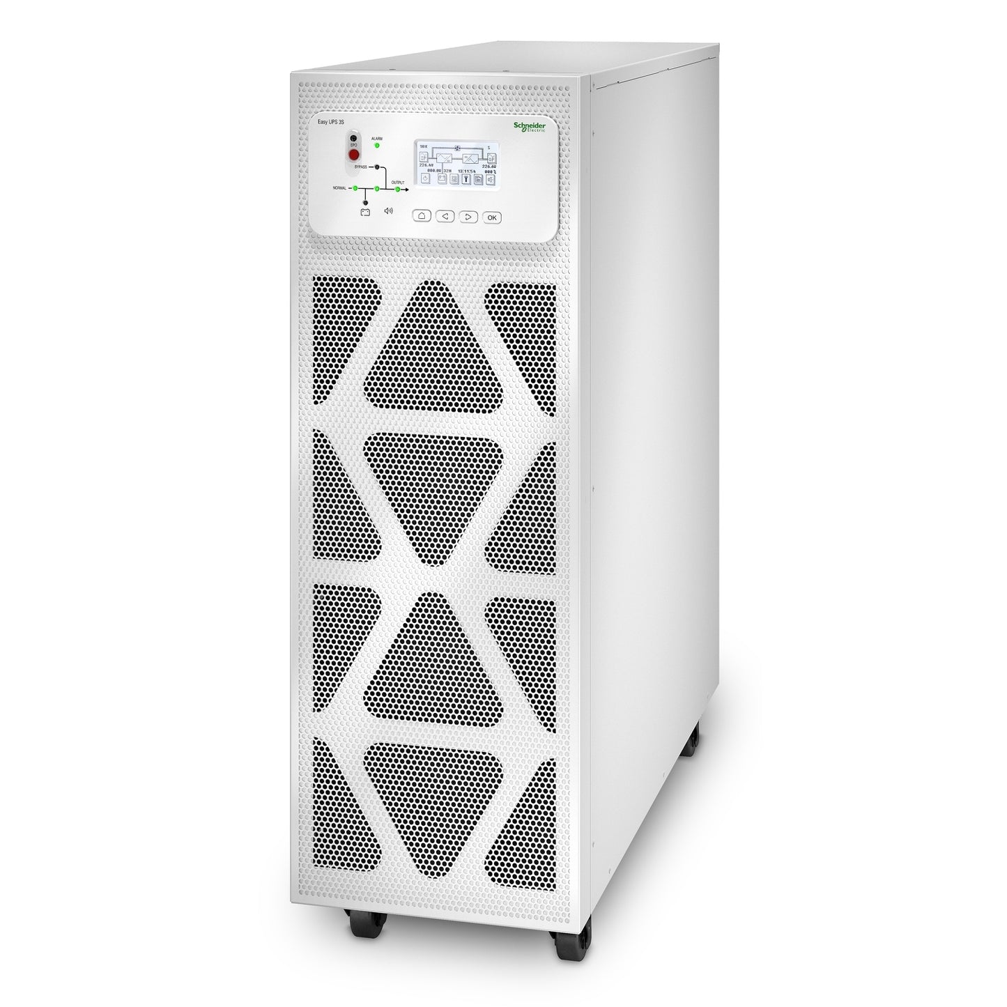 White schneider electric apc e3sup s20k3i easy ups 3s 20kva online ups with triangular perforated front panel and control display