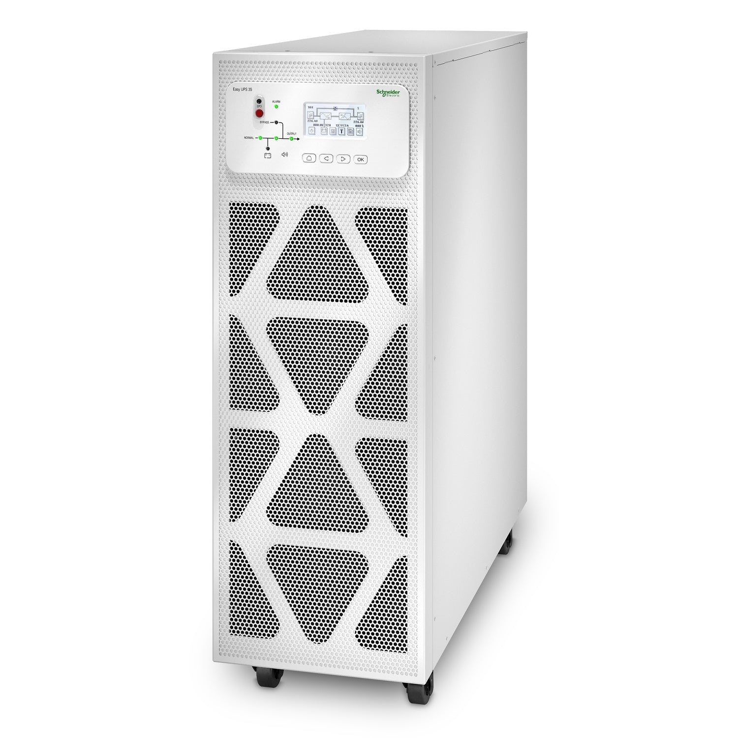 White schneider electric apc e3sup s20k3i easy ups 3s 20kva online ups with triangular perforated front panel and control display