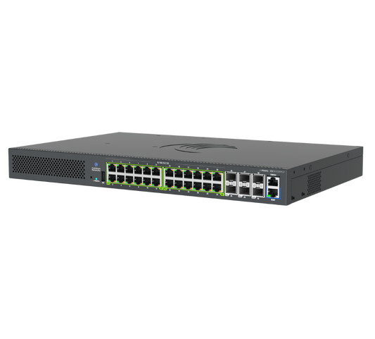 Dark gray metal cambium networks cnmatrix ex3030rm-p 24-port 2.5g poe+ switch with some green and one blue lit ethernet ports