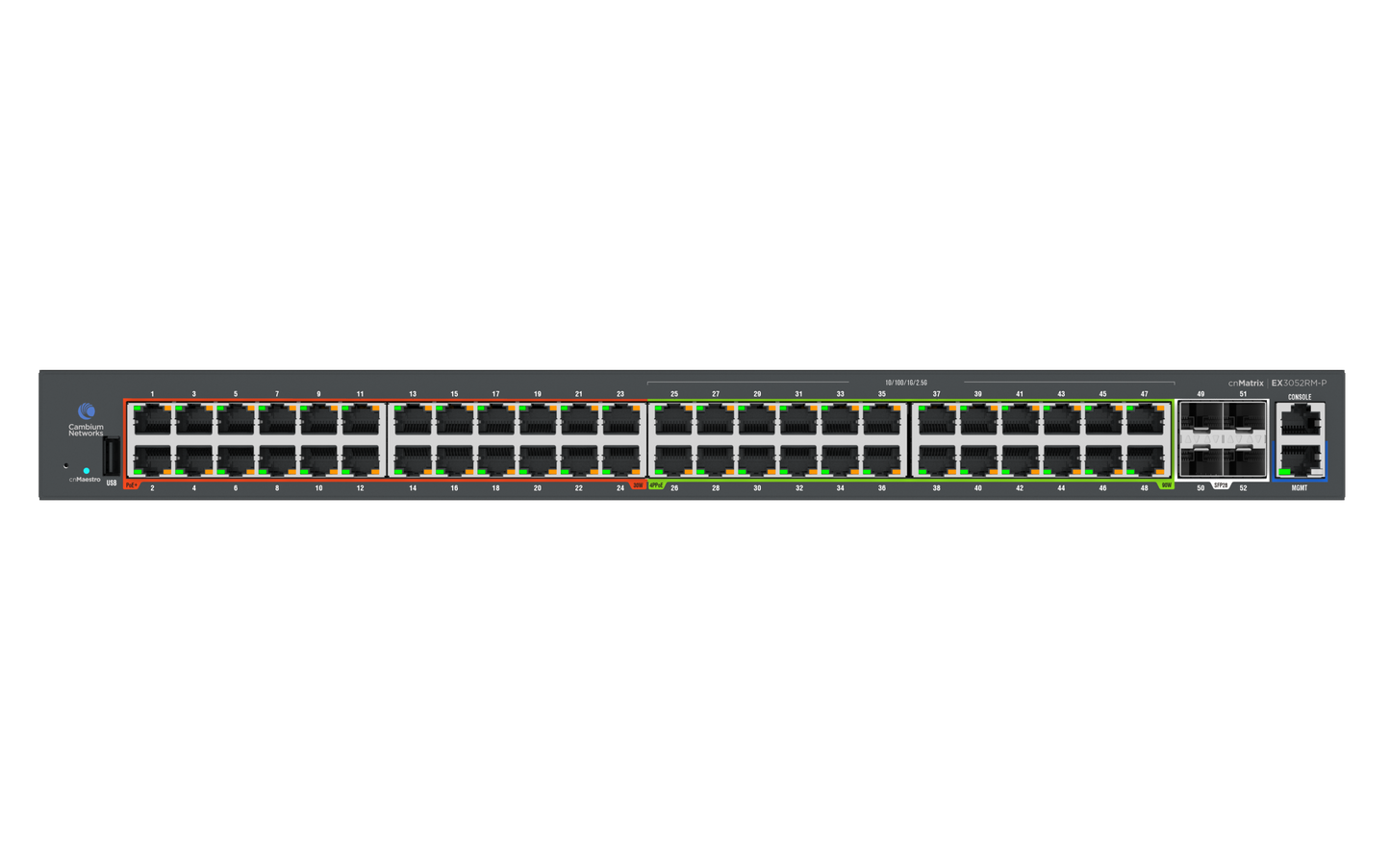Cambium Networks MXEX3052MXPA10 | cnMatrix EX3052RM-P 48-Port Multi-Gig PoE++ Switch, 4x 25G