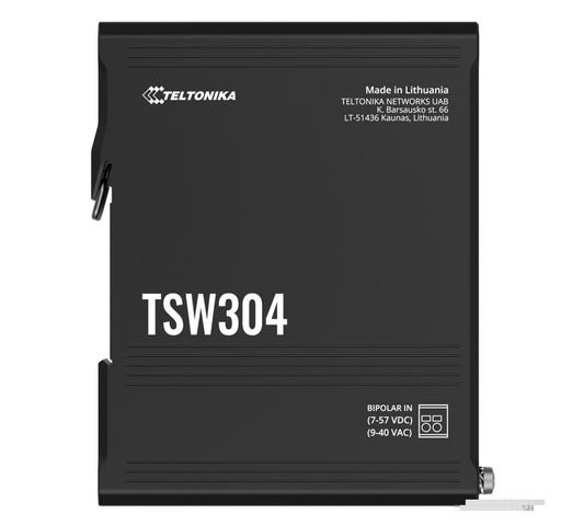 Black Teltonika TSW304 industrial gateway with 4x1GbE ports and side connector