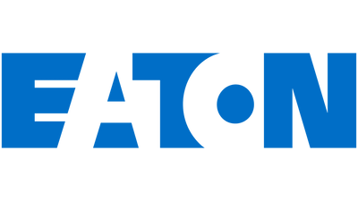 Blue eaton logo with bold, blocky lettering against a black background.