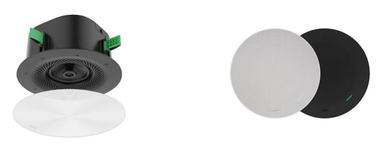Black and white Yealink CD10-D Dante ceiling speaker with textured grille 2-way coaxial PoE powered built-in amplifier