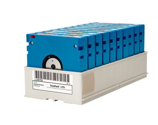 Blue terapack lto-9 ultrium 45tb rw tape cartridges neatly arranged in a white storage tray for hpe r7c13a spectrapack
