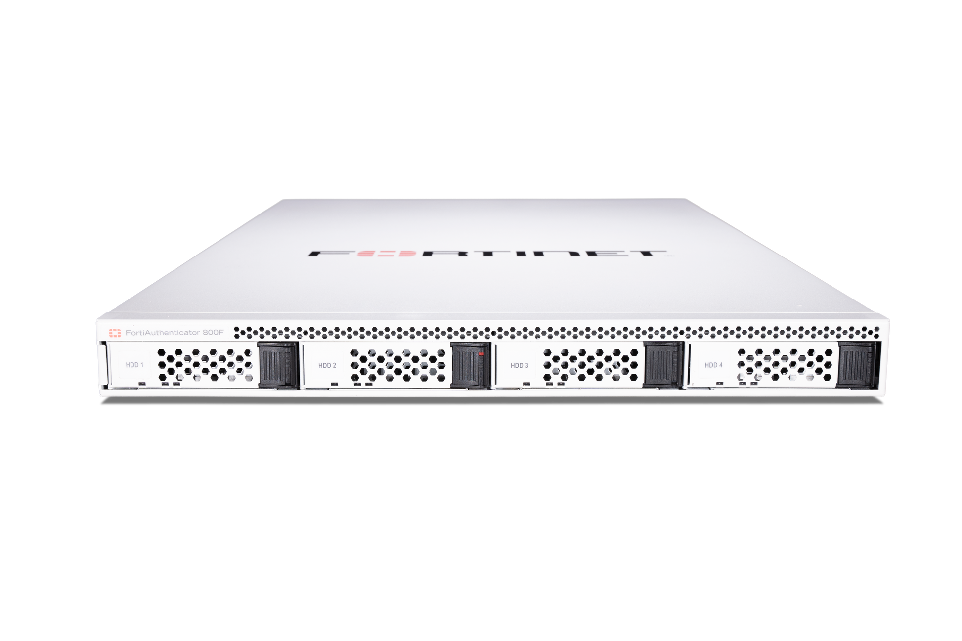 Fortinet FAC-800F front view with white chassis, 4 black drive bays, perforated vents