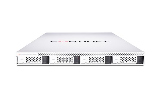 Fortinet FAC-800F front view with white chassis, 4 black drive bays, perforated vents