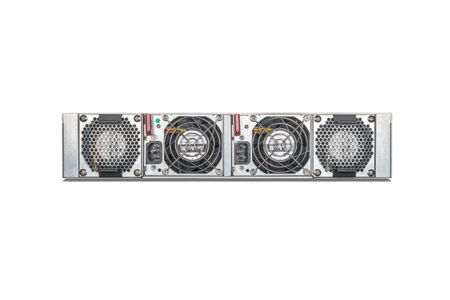 Fortinet FAD-5000F rear with silver server rack, black mesh fans, power connectors