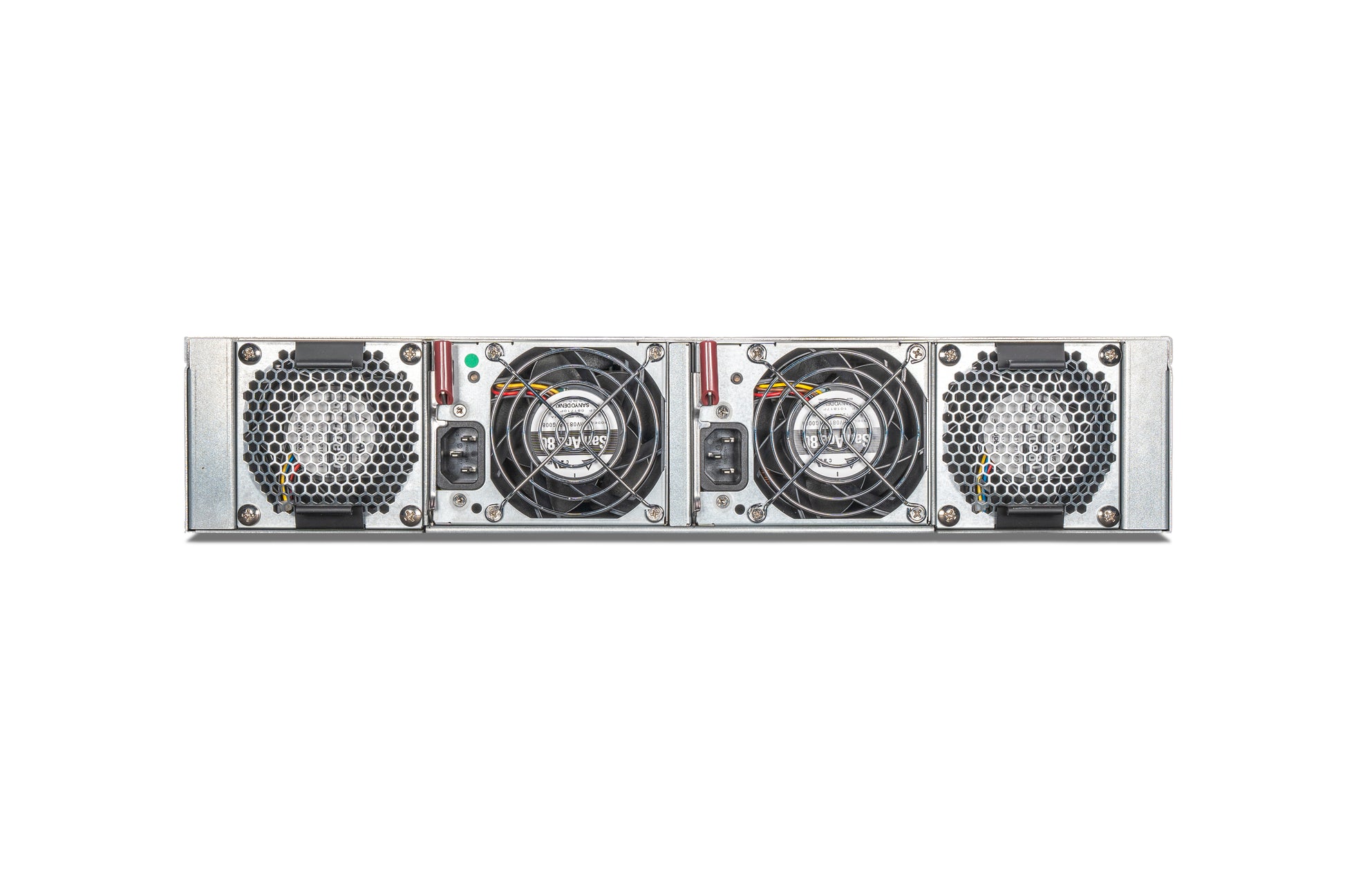 Fortinet FAD-5000F rear with silver server rack, black mesh fans, power connectors