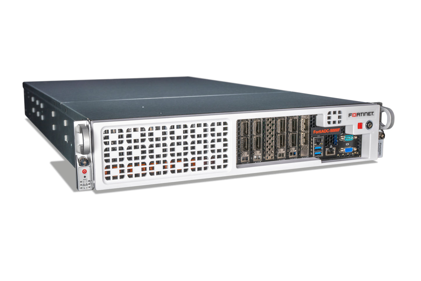Fortinet FAD-5000F FortiADC-5000F rear with Formnet f9042c-68me rack dark gray chassis