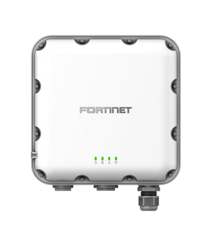 White fortinet fap-244k-h wi-fi 7 tri-band outdoor access point with rugged metallic gray casing and five green leds