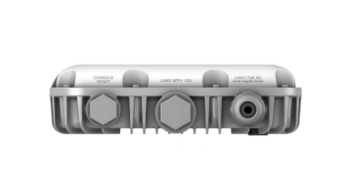 Silver metallic back console of fortinet fap-244k-h wi-fi 7 tri-band outdoor access point with hexagonal ports and labeled connectors