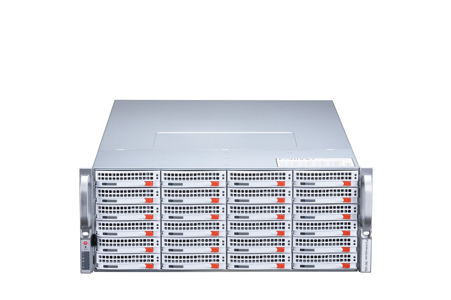 Fortinet FAZ-3510G server rack with 96TB storage, orange accents