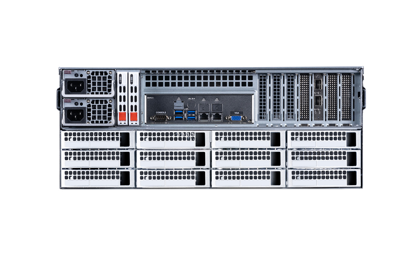 Rear view of Fortinet FortiAnalyzer-3510G FAZ-3510G server rack with ports